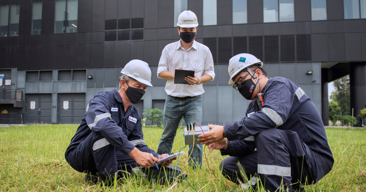 Workers from Critical Facility, which provides lightning protection technologies to industrial and commercial enterprises across Asia, testing a solution at the company’s headquarters in Singapore